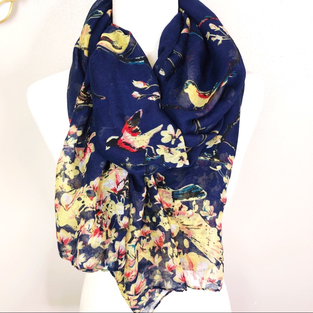 Blue floral and bird print oversized scarf